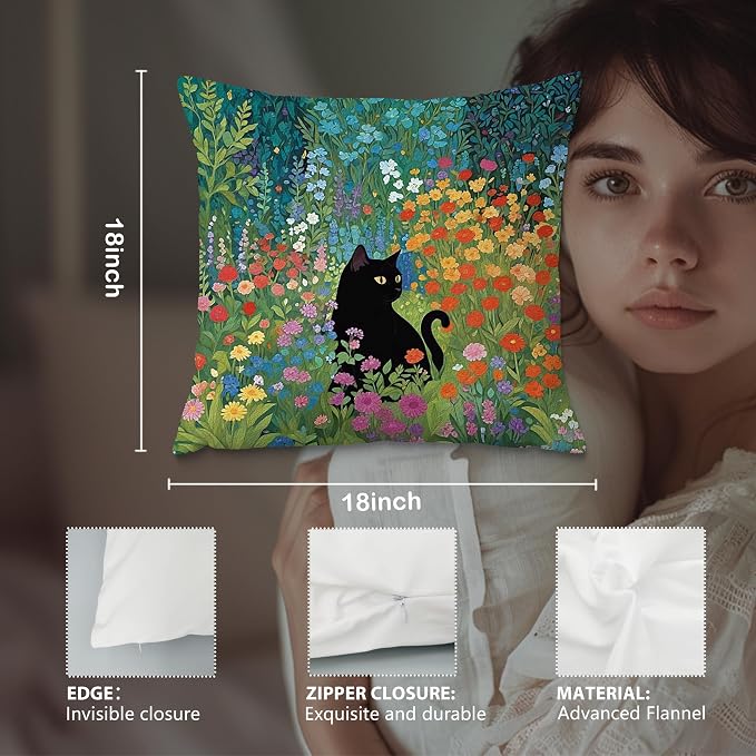 Floral Black Cat Pillow Covers 18x18, Cats Lovers Lady Gifts, Cat Mom Grandma Gifts, Cats in Colorful Wildflower Decorative Pillow Covers for Home Bedroom Living Room Office Decor