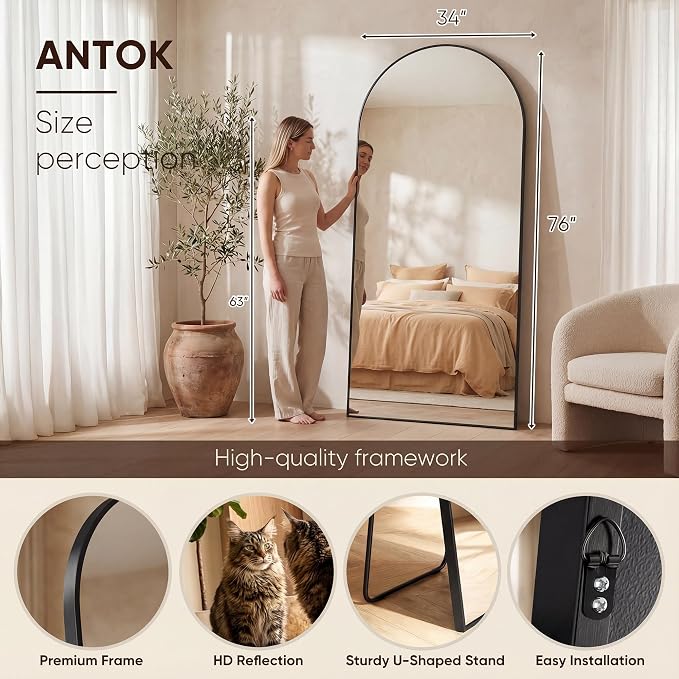 Antok 76" x34” Arched Full Length Floor Mirror, Black Aluminum Frame, Free Standing/Wall Mount/Leaning for Bedroom, Living Room, Dressing Room