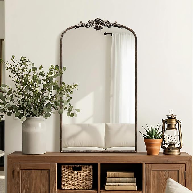Besdomus Vintage Large Wall Mirror: 24"x42" French Black Arched Decorative | Antique Metal Framed Vanity Mirrors - Baroque Traditional Ornate for Hallway/Bath V/Fireplace - Ideal for Bath Remodeling