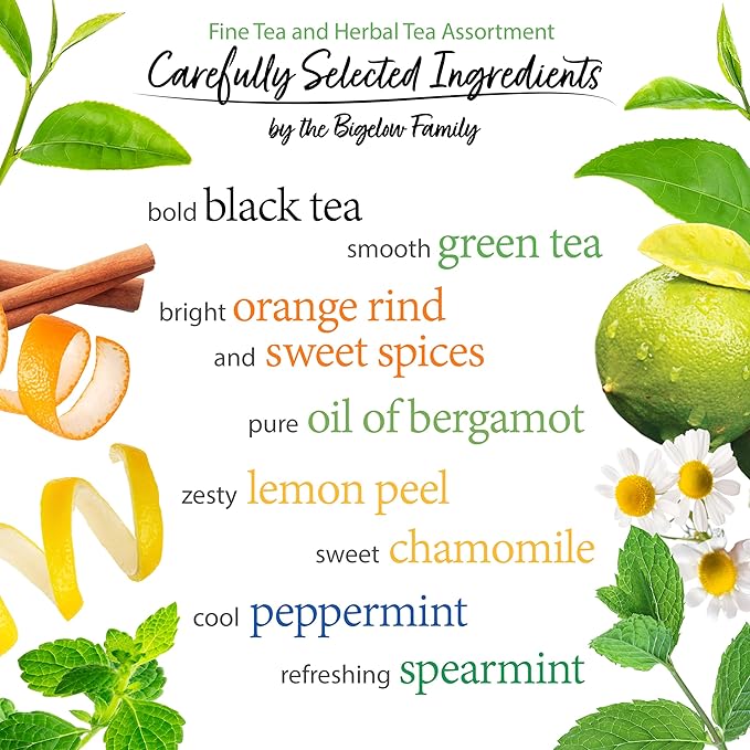 Bigelow Tea Assortment, Green, Black, and Herbal Teas with English Teatime, Constant Comment, Lemon Lift, Earl Grey, Green, Cozy Chamomile, Orange Spice, Mint Medley, 64 Tea Bags (Pack of 1)