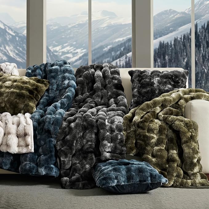 Faux Rabbit Fur Bubble Throw Blanket, 50"x60", Marble Black | Ultra Soft, Luxury Faux Rabbit Fur Throw, Thick Warm Bubble Blanket, Cozy Fluffy Reversible, for Bed, Couch, Chair, Sofa