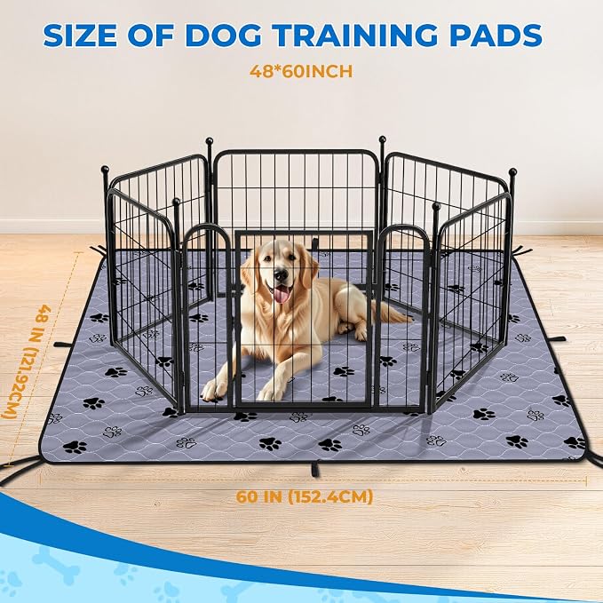 Fostanfly Non-Slip Washable Pee Pads for Dogs, 48''x60''-2 Pack, Gray | Extra Large, Ultra-Absorbent, Leak-Proof, Reusable Potty Training Pads for Dogs, Playpen & Crates with 8 Tie Straps