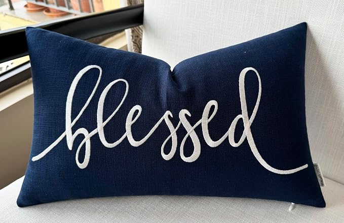 EURASIA DECOR Blessed Embroidered Lumbar Pillow Cover 12x20, Navy Blue | Raised ivory script on navy blue; scripture faith gift, cotton, hidden zip, solid back, cover only