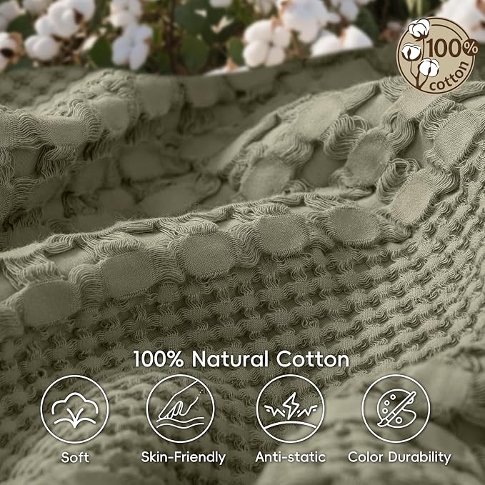 PHF 100% Cotton Waffle Weave Blanket King Size, Lightweight Breathable Summer Blanket for Hot Sleepers, Pre-Washed Soft Layer for Bed, Couch, Home Decor Gift, 108"x90", Dusty Sage