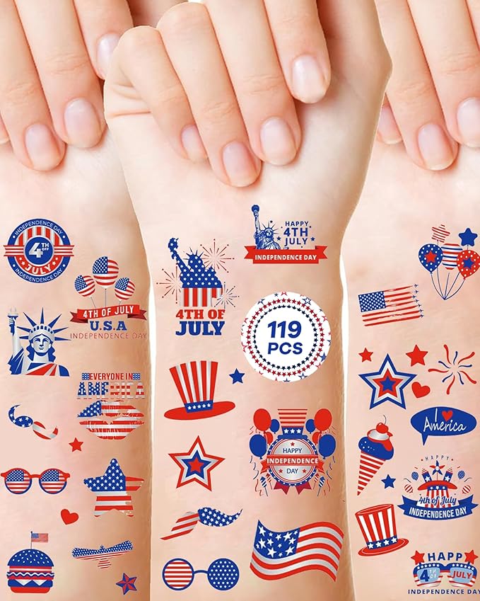 Fourth of July Decorations Tattoos, 10 Sheets 119 Styles 4th of July Temporary Tattoos for Kids Adults, Red White and Blue Party Supplies, USA Flag, Independence Day Favors, Memorial Accessories