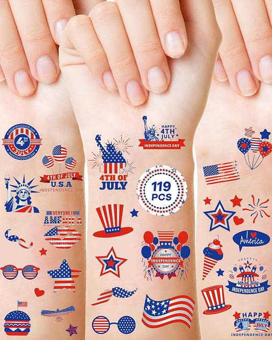 Fourth of July Decorations Tattoos, 10 Sheets 119 Styles 4th of July Temporary Tattoos for Kids Adults, Red White and Blue Party Supplies, USA Flag, Independence Day Favors, Memorial Accessories