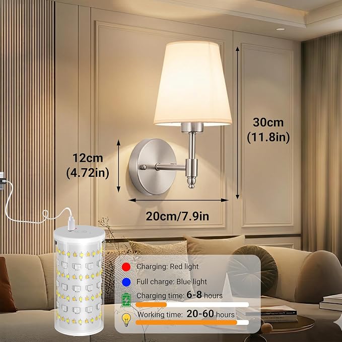 Nekhung Battery Operated Wall Sconce, Peel and Stick Sconces Set of 2 | Wireless Adhesive Stick On Wall Sconce, 10000mAh Rechargeable RGB Bulb with Remote, No Drill Wall Light for Bedroom Decor