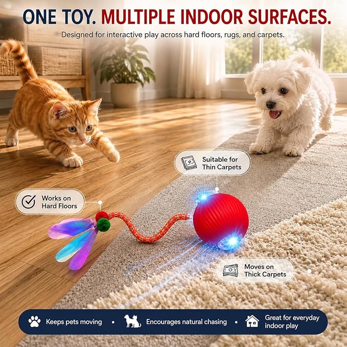 Interactive Cat Toy Ball, Automatic Cat Toy with Bird Chirping Sound, 3 Play Modes & 2 Tails,Rechargeable Smart Moving Pet Toy,Speedy Tail 2.0 Cat Toy,Cat Toys Interactive for Indoor Cats & Small Dogs