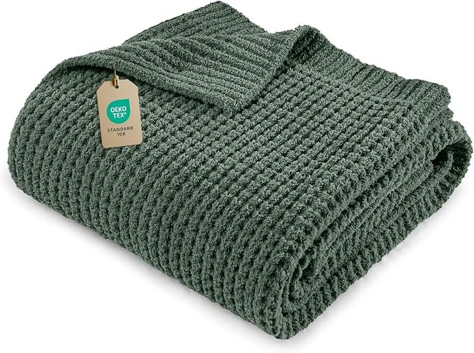 Waffle Knit Throw Blanket for Couch, Soft Cozy Chunky Knit Thick Knitted Blanket for Sofa, Bed, Gift for Women Girls Home Decor (Sage, Throw 50"x60")