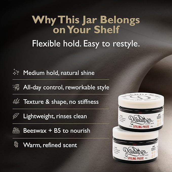 DandyMen Styling Paste – Medium Hold with Flexible Control and Natural Shine – Enriched with Beeswax & Pro-Vitamin B5 – 3.4 oz (2-pack, Tobacco Vanilla)