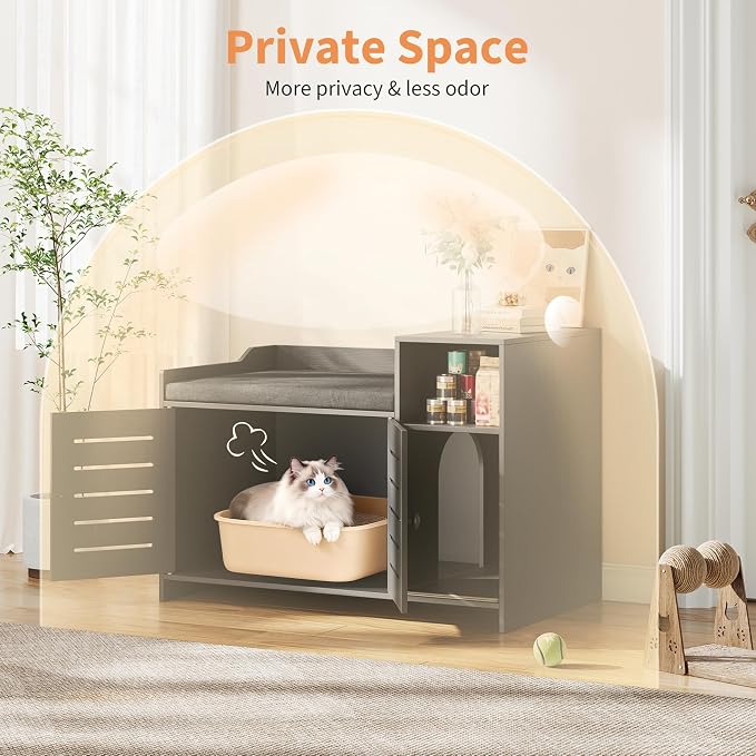 Cat Litter Box Enclosure Furniture, Large Hidden Litter Box Cabinet with Double Door, End Table Cat House with Storage Shelf, Modern Pet Furniture for Living Room, Black