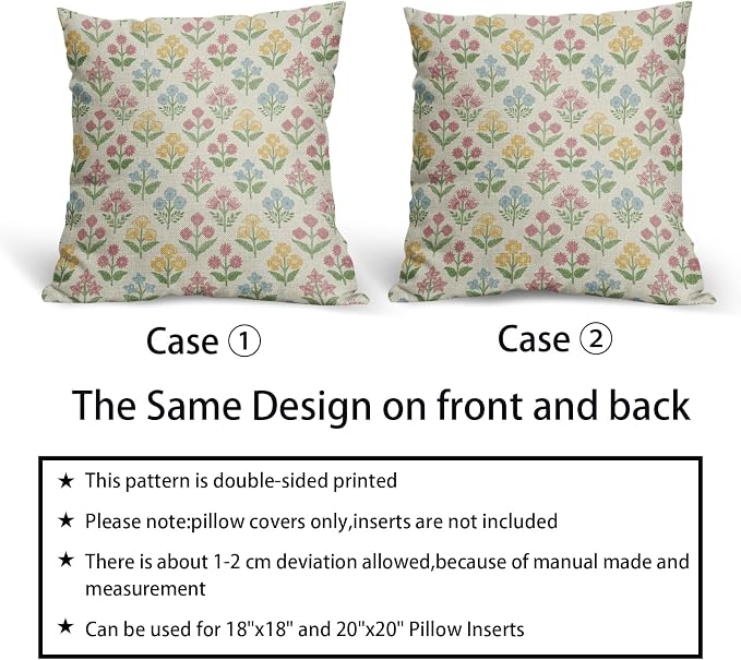 Spring Floral Block Print Pillow Covers 16x16 Inch Set of 2, Easter Decoration Pink Yellow Blue Flower Decorative Throw Pillowcases Outdoor Farmhouse Cushion Covers Holiday Sofa Couch Bed Decor