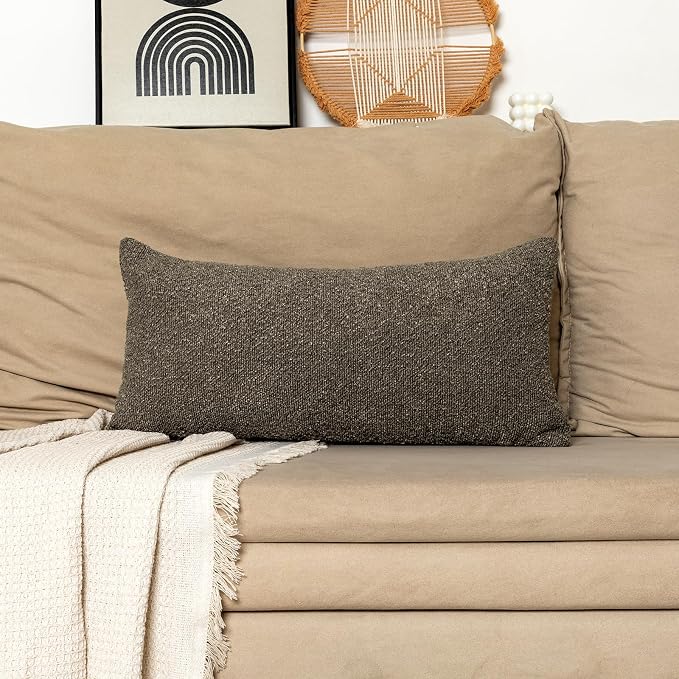 JoraLion 12x24 inch Boucle Lumbar Pillow Cover, Dark Brown Woven Texture Neutral Long Pillow Cover Breathable Cushion Case for Couch Sofa Bed Living Room Home Decor (Cover Only)