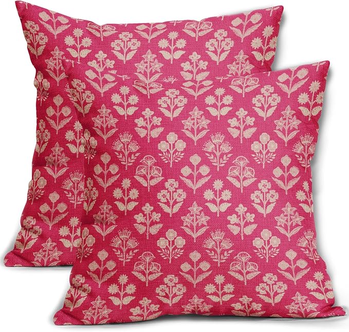 Hot Pink Floral Pillow Covers 22x22 Inch Set of 2, Vintage Flower Block Pattern Decorative Throw Pillowcases Outdoor Farmhouse Cushion Covers Spring Summer Rustic Sofa Couch Bed Decor