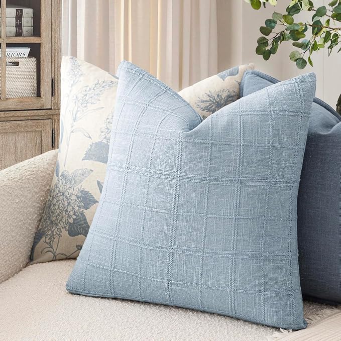 Foindtower Set of 2 Decorative Linen Check Throw Pillow Covers Neutral Farmhouse Vintage Cushion Covers Modern Boho Accent Home Decor for Sofa Chair Couch Bedroom Living Room,16×16 Inch,Sky Blue