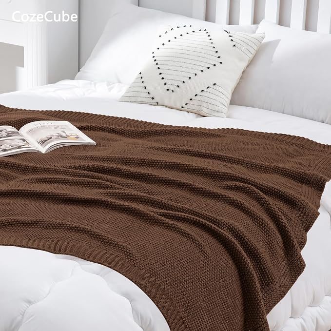 CozeCube Dark Brown Seed Stitch Throw Blanket 60"x80", Farmhouse Decor | Blanket for Couch, Soft Cozy Cable Knit Throw for Bed Sofa Living Room, Lightweight Warm Decorative Christmas Blanket