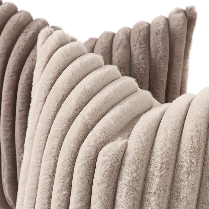 decorUhome Fall Faux Fur Throw Pillow Covers 22x22 Set of 2 Tan | Decorative Soft Cozy Striped Plush Modern Farmhouse Boho Couch Pillow Cases Velvet Back for Sofa Bed Living Room Home Decor