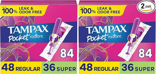 Tampax Compact Radiant Tampons for Women Multipack, with LeakGuard Braid & Extendable Applicator, Regular/Super Absorbency, Unscented, 84 Count (Pack of 2)