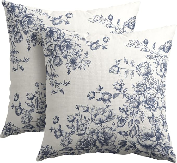 Kawani Chinoiserie Floral Throw Pillow Covers Set of 2, 20x20 Inch Blue White Vintage Flower Pillowcase Outdoor Decorative Cotton Linen Cushion Covers for Couch Sofa Bed Home Decor