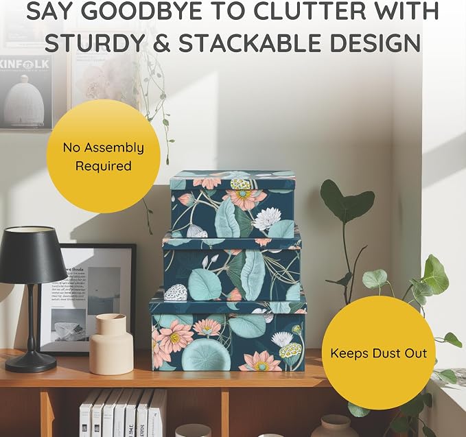 Soul & Lane - Enchanted Garden Decorative Storage Boxes with Lids, Set of 3 | Large Nesting Paperboard Storage Boxes for Keepsakes and Photos, Bold Dark Floral Containers for Home Decor