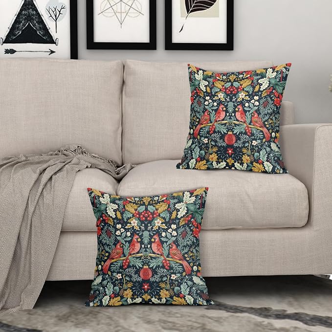 Christmas Pillow Covers 20X20 Inch Cardinal Red Birds Berry Leaves Decorative Pillow Cases Set of 2 Xmas Holiday Throw Pillows Home Decor for Sofa Couch Cushion Outdoor