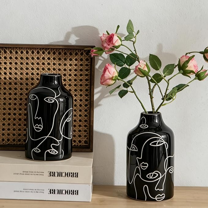 Kimdio Ceramic Vase Set, 2pcs Black Abstract Irregular Design Flower Vases, Modern Home Decor Living Room Decor Minimalist Decorative Vase for Pampas Grass