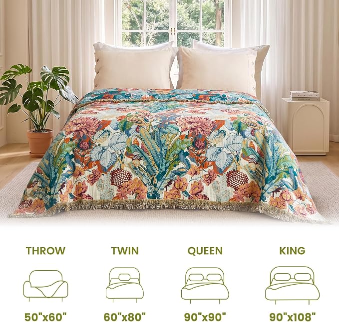 MSGKV Boho Throw Blanket 60"x80" 100% Cotton Blanket for Couch Bed Decor | 100% Cotton Throw, Muslin Blanket, Summer Breathable, Lightweight Comfort, Farmhouse Home Decor, Machine Washable