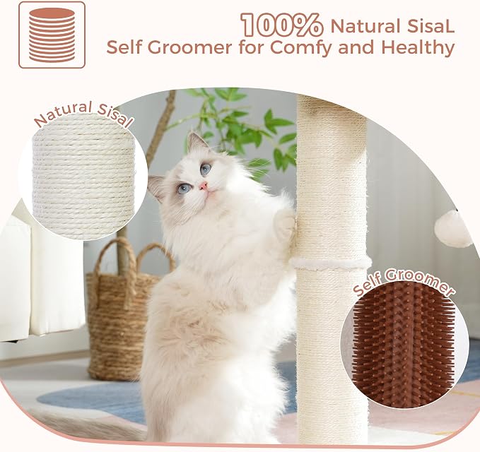 Cat Tree Tower for Large Cats Cat Scratching Post with Bed 20x16“ | Small Cat Tree with Thick Scratching Post 4.5” Dia, Large Raised Bed 20X16”, Self Groomer, Toy Ball for Indoor& Large Cats