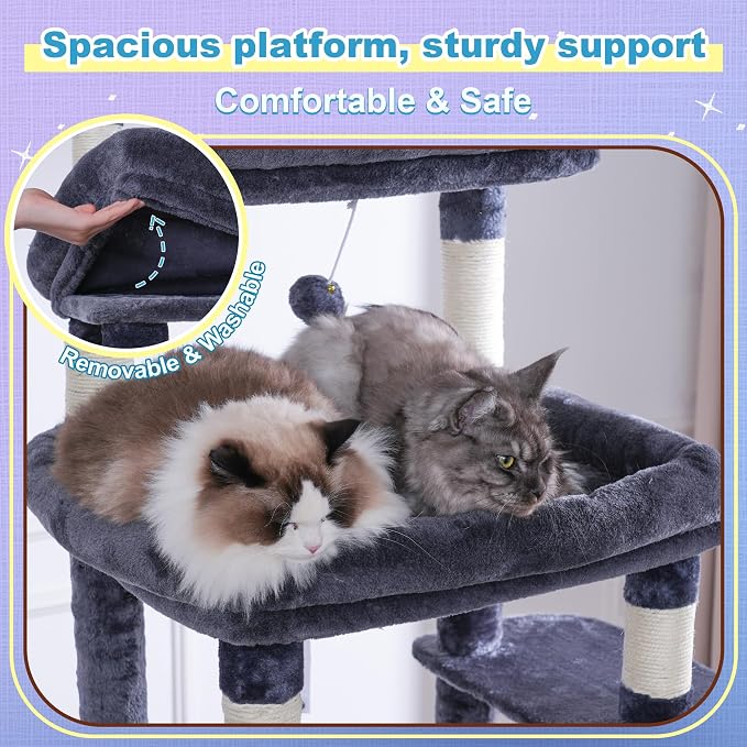 Hey-brother Cat Tree Tower with Extra Large Platform and Basket, MPJ080G | 71.7 Inches Scratching Posts with Specious Condo, 2 Cozy Hammocks, Scratch Board for Indoor Adult Cats, Maine Coon Smoky Gray