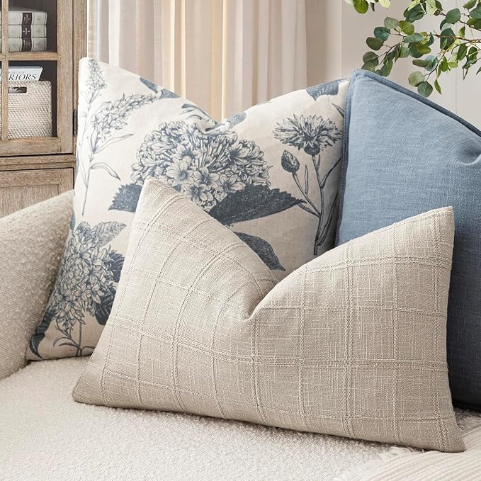 Foindtower Set of 2 Decorative Linen Check Throw Pillow Covers Neutral Farmhouse Lumbar Cushion Covers Modern Coastal Boho Home Decor for Sofa Chair Couch Bedroom Living Room,12×20 Inch,Light Grey