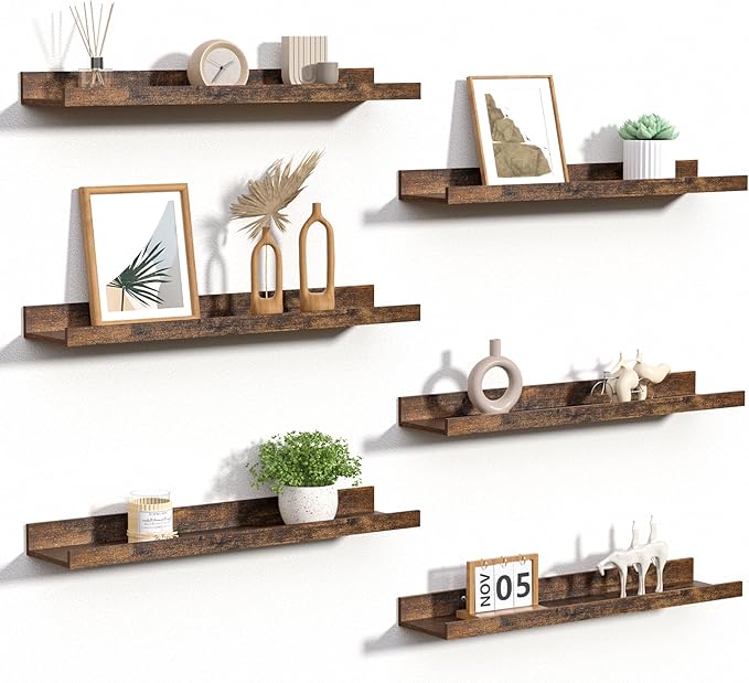 upsimples Floating Shelves for Wall Decor and Storage, Brown, 6Pcs 23.6'' | Wall Mounted Wood Shelves for Living Room, Bedroom, Bathroom, Kitchen, Office, Nursery Room, Coffee Bar Display and Organize