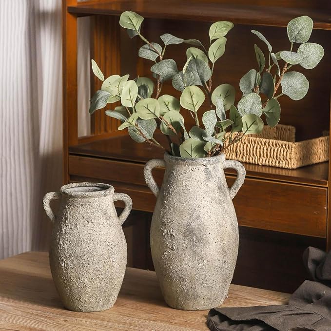 Ceramic Rustic Vase with Handle, 11.3 Inch Tall Farmhouse Vase | Vintage Terracotta Vase with 2 Handles Adds Rustic Charm to Living Room, Entryway, Table Centerpieces and Home Decor