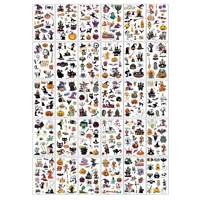 30 Sheets Halloween Temporary Tattoos Cartoon Witch Pumpkin Fake Tattoos Styles Mixed Ghost Skeleton Tattoos Spider Web Magician Stickers Waterproof Castle Tattoo for Kids Boys Girls Body Art Makeup