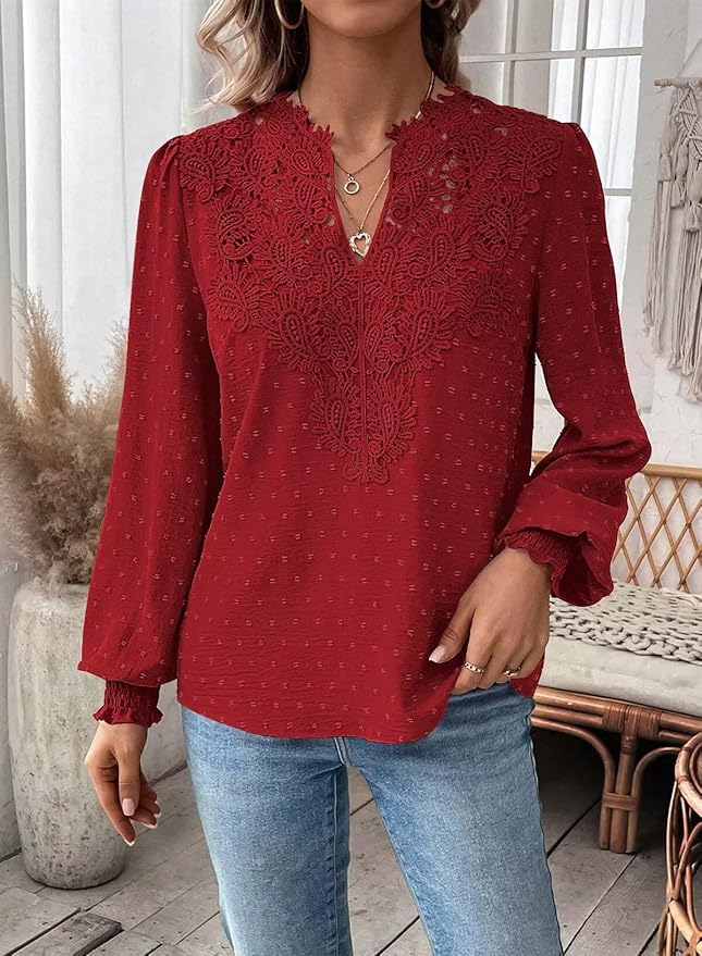 Womens Tops Swiss Dot Boho Long Sleeve Shirts V Neck Casual Chiffon Blouses Flowy Lace Hem Cute Clothing Trendy 2026