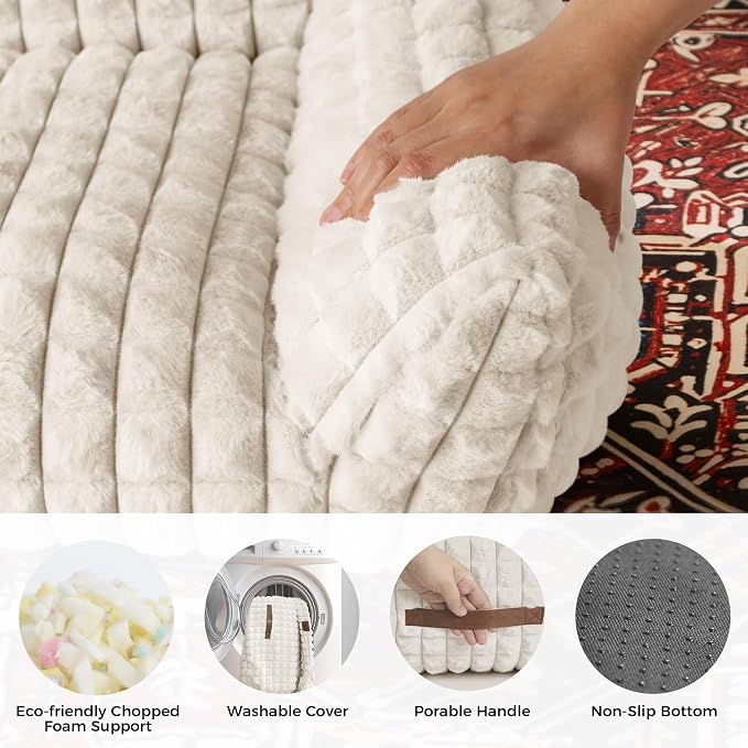 Cat Couch Bed with Fluffy Faux Rabbit Fur for Indoor Cats, 36 Inch | Cute Fuzzy Cat Sofa Recliner With Washable Cover, Suppportive Cozy Pets Couch in 3D Diamond Pattern, Off White