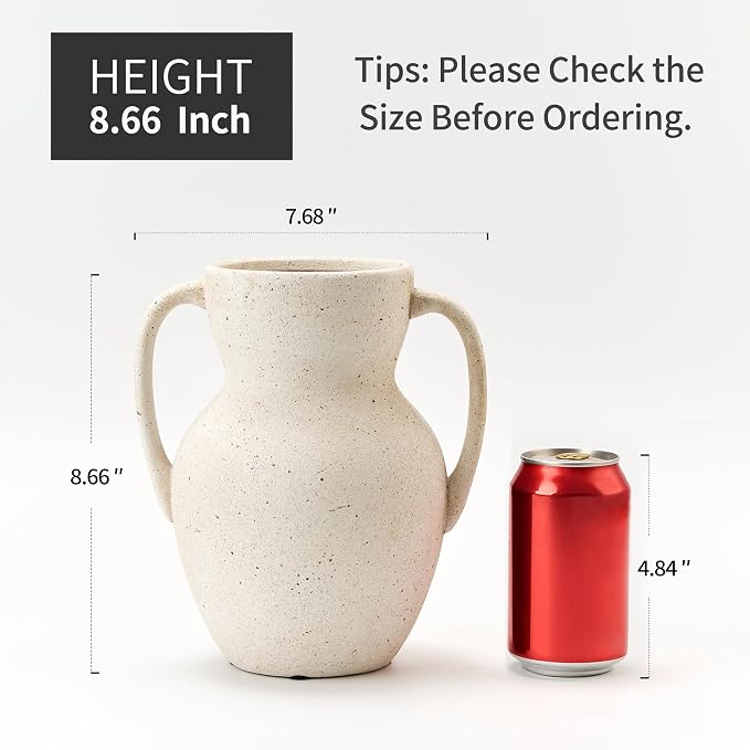 Emotionally Grounded Vase, Vaseking Large Ceramic Rustic Vase with 2 Handles, 8.6 inch Minimalist Decorative Farmhouse Vases for Home Decor, Living Room, Enterway, Table Decoration, Speckled White