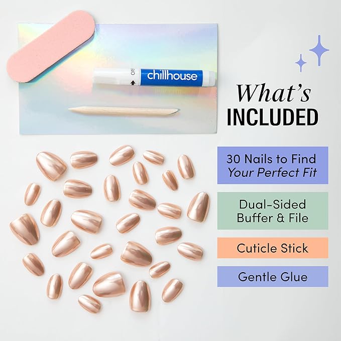 Chillhouse - Chill Tips, Press on Nails Kit - Raise a Glass (Oval) - 30 Nail Shapes & Sizes - Up to 2 Weeks of Wear - Customizable Fit - Reusable - Latina Founded & Women Owned - Beauty & Self Care