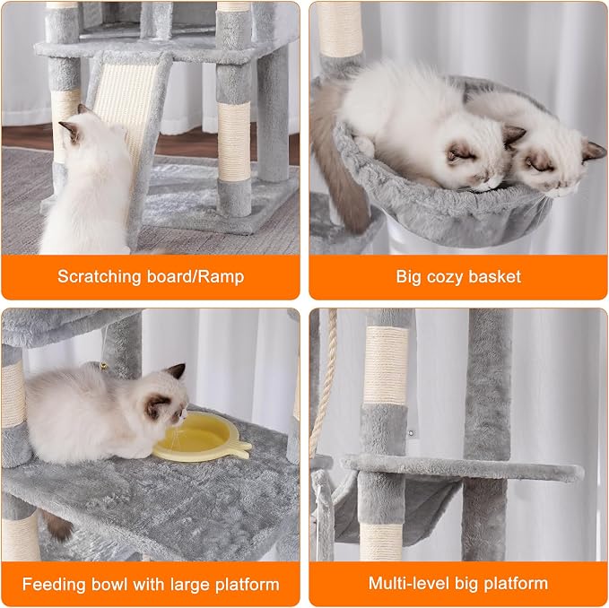 Heybly Tall Cat Tree 78-inch Multi-Level Cat Tower for Indoor Cats HCT033W | Cat Condo with 2 Widened Plush Perches, Multi-Level Cat Furniture with Scratching Board, Big Caves, Light Gray