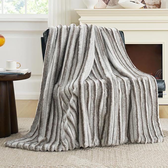 Cozy Bliss Faux Fur Throw Blanket for Couch, Cozy Warm Plush Striped Blanket for Sofa Bedroom Living Room,50 * 60 Inches Grey