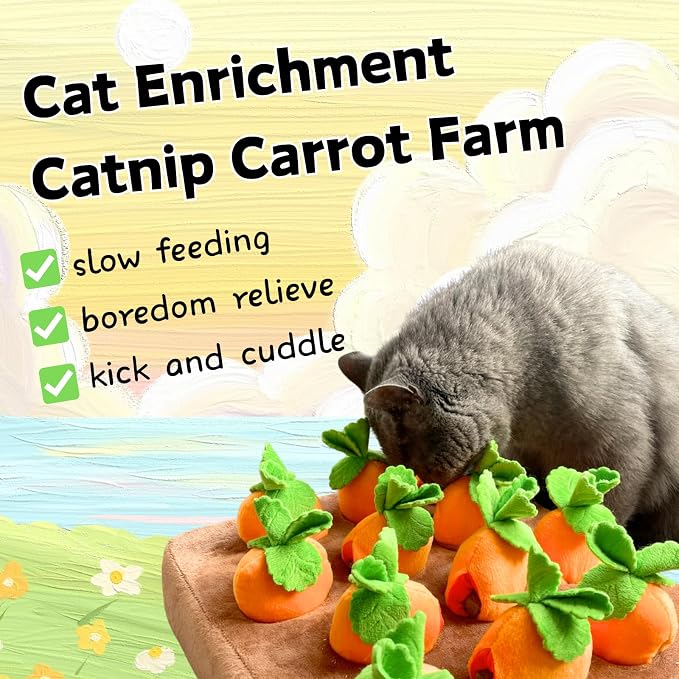 CECE PAW Carrot Catnip Toys, Interactive Feather Cat Toys for Indoor Cats, Cat Puzzle Toys for Boredom and Mental Stimulation, 12 Squeaky Carrots with Treat Pockets and 12 Catnip Tea Bags