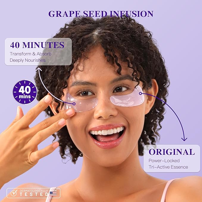 Instant tightener under eye patches with Grape Seed, Dark circles treatment eye patches with Women beauty, Puffy eyes treatment of under eye mask, 60 Pairs, Purple