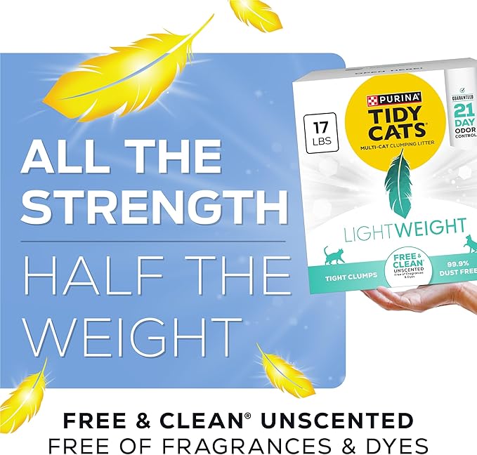 Purina Tidy Cats Low Dust Clumping Cat Litter, LightWeight Free & Clean Unscented, Multi Cat Litter - 17 lb. Box | Unscented, charcoal-powered formula offers 21-day odor control and tight, dust-free clumping.