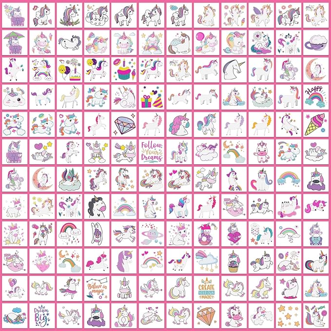 Partywind 408 PCS Kids Tattoos for Party Supplies, Individually Wrapped Sheet Temporary Tattoos Stickers for Kids Goodie Bag Stuffers, Fun Birthday Party Favors - Unicorns