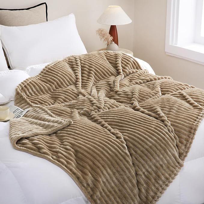 Tan Fleece Throw Blanket 90”×90” for Couch Sofa Livingroom | Super Soft Cozy Plush Microfiber Flannel Bed Blanket Striped Design Lightweight Home Decor Gifts for Adults Mom Women