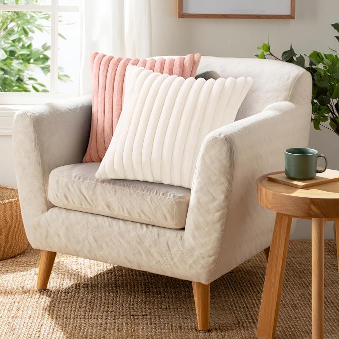 Pallene Faux Fur Decorative Throw Pillow Covers 18x18 Set of 2, Pink | Luxury Plush Texture, Striped Design, Cozy Soft Touch, Modern Home Accent Decor for Couch, Sofa, Bed, Living Room