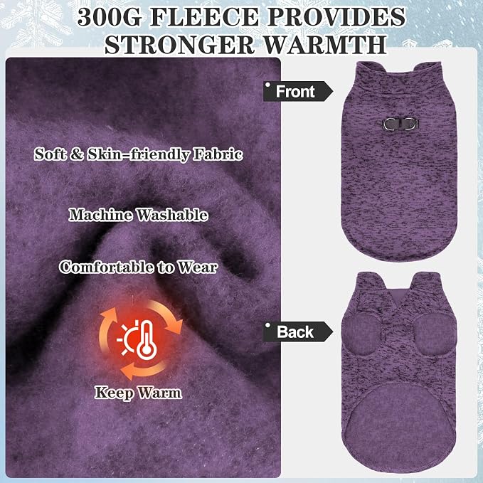 Fleece Dog Sweater - Pullover Dog Jacket, Warm Winter Coat Vest with D-Ring for Leash, Pet Cold Weather Clothes Outfit, Sweatershirt for Boys or Girls Puppy Purple L