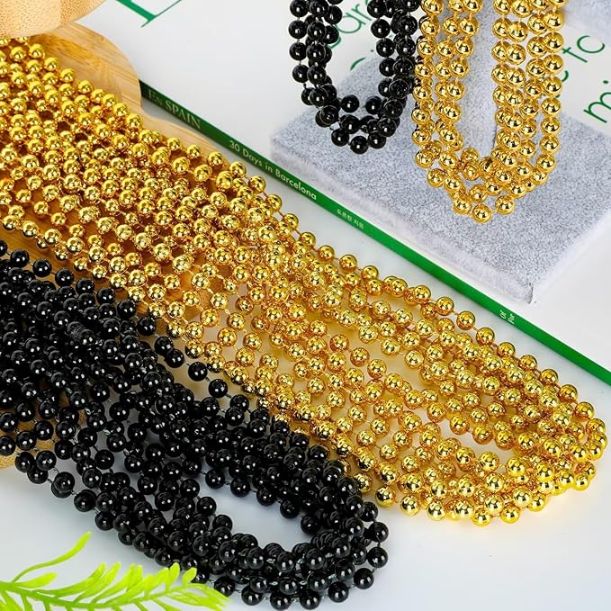24PCS New Years Eve Bead Party Supplies, Black Gold Bead Necklace, 33" New Years Eve Beaded Necklaces, Festival Parade Throw Accessories for Halloween Trick or Treat Accessories