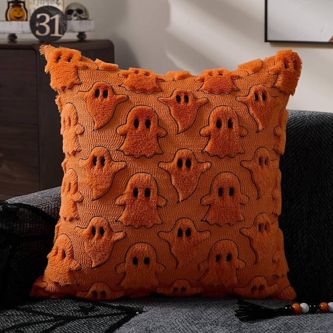 DFXSZ Halloween Pillow Covers 18x18 inch 2Pcs Orange Black Ghost Halloween Decor