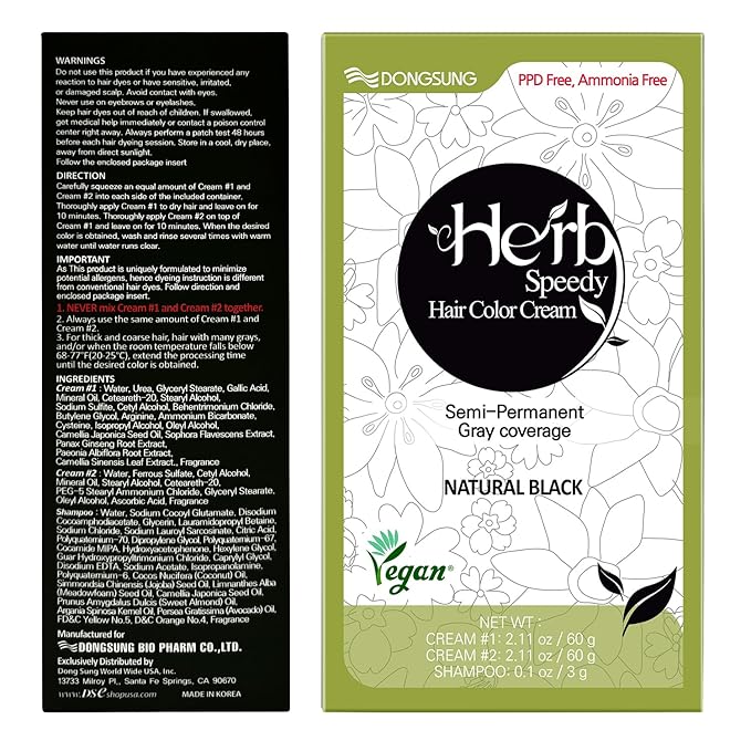 Dongsung Herb Speedy Color Cream 3 Pack, PPD Free, Ammonia Free, Vegan Hair Dye Contains Sun Protection Odorless No more Eye and/or Scalp Irritations From Coloring For Sensitive Scalp (Natural Black)