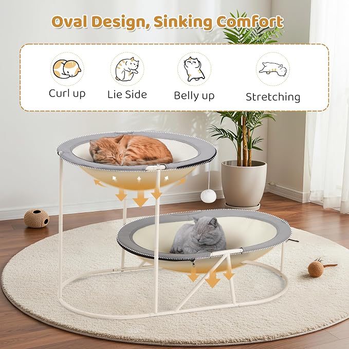 Erinnyees 2-Tier Elevated Cat Hammock Bed, Breathable Oxford for Multi-Cat Households, with Removable Washable Mesh, Sturdy Triangular Base & Steel Frame, Mesh Pet Furniture for Indoor & Outdoor Use